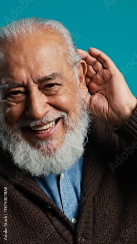 A portrait of a cheerful elderly man with a white beard smiling against a solid blue background