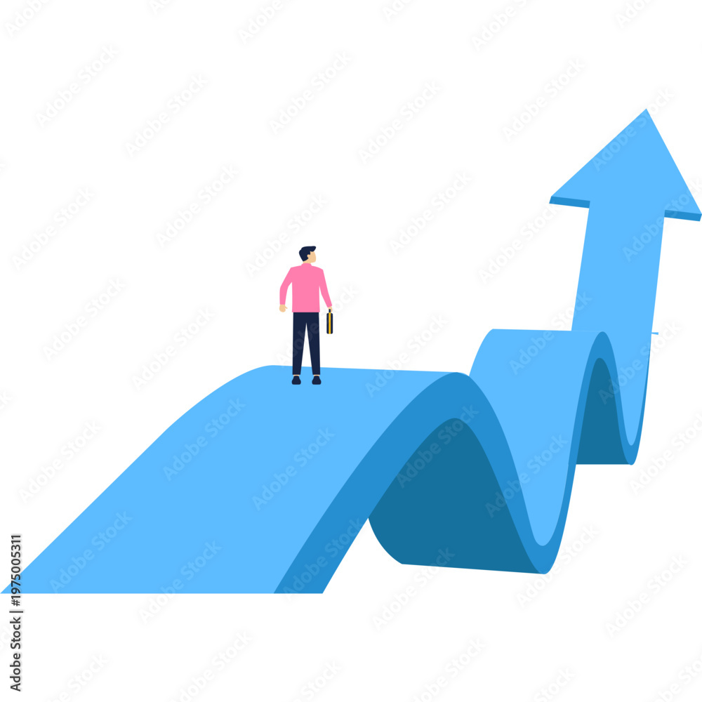 Fototapeta premium Man walking on a path shaped like a fluctuating arrow graph representing career ups and downs and eventual growth