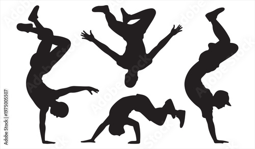 Collection of acrobatic gymnast silhouettes demonstrating strength flexibility and motion on white background