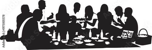 Group of friends having picnic vector illustration silhouette with food and drinks outdoor