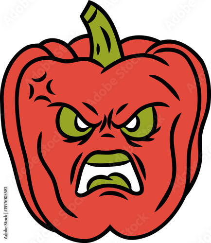  red bell pepper with a highly exaggerated, angry facial expression