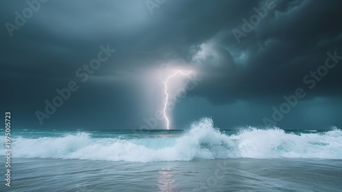 Powerful lightning over rough ocean waves, Dark storm cloud seascape, Dramatic weather background, Electric sky and crashing surf, Moody marine atmosphere, Panoramic nature banner, Copy space