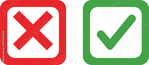 A red square containing a cross mark and a green square containing a tick checkmark symbol Vector