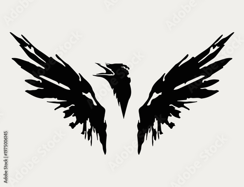Black raven silhouette with spread wings. Hand drawn vector ink sketch of crow bird isolated on white background.