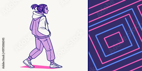 A purple line drawing of a girl walking on a with a pink and blue square design on the right side