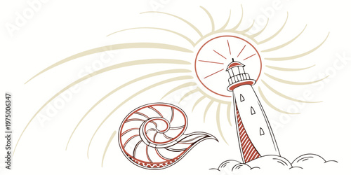 A red and white line drawing of a lighthouse with a nautilus shell on a with sun rays