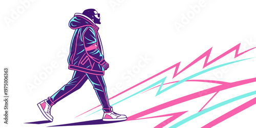 A man walking forward with a dynamic motion, surrounded by abstract pink and blue lines, symbolizing movement and energy in a modern urban setting