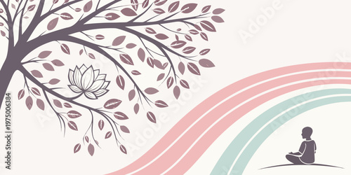 A serene illustration of a person meditating under a tree with a lotus flower and a rainbow on a beige background