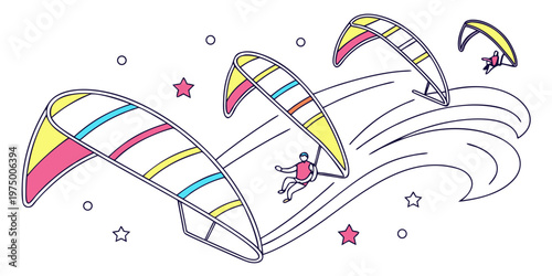 Kite surfers ride colorful kites on waves with stars