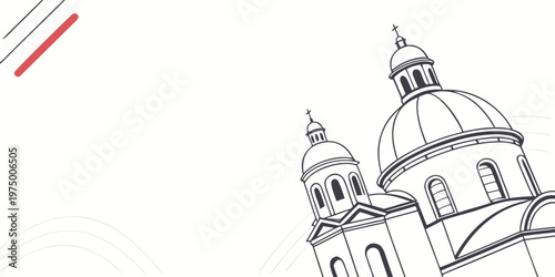 A black and white line drawing of a church with two domes and a tower