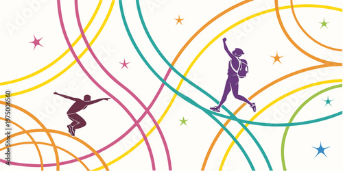 Vibrant illustration of two people balancing on colorful curved lines with stars