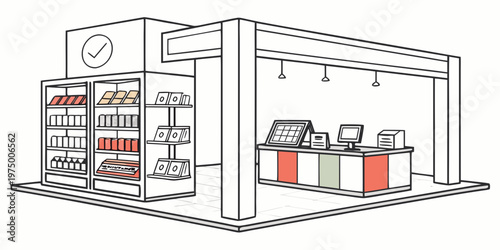 A line drawing of a convenience store with a counter and shelves stocked with various products