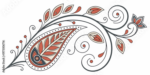 Vector illustration of a decorative paisley design with red and black leaves on isolated for artistic and creative projects