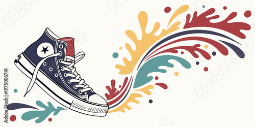 A navy blue converse sneaker with colorful paint splatters on a beige background
