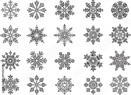Intricate snowflake vector collection, 20 unique black winter ice crystals, decorative frozen snow ornaments for holiday design and Christmas patterns isolated PNG with Transparent Background