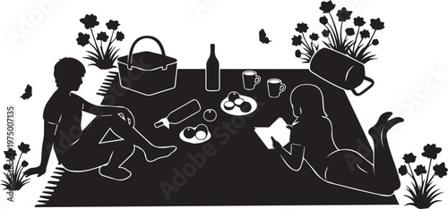Picnic silhouette vector of couple relaxing on blanket with basket and food for line art