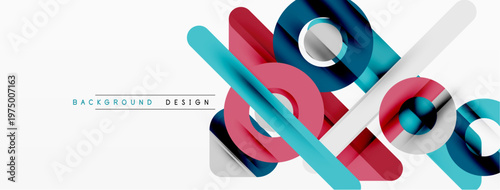 Abstract geometric shapes overlap, creating dynamic visual effect. Modern design utilizes blue, pink, gray colors on white background.