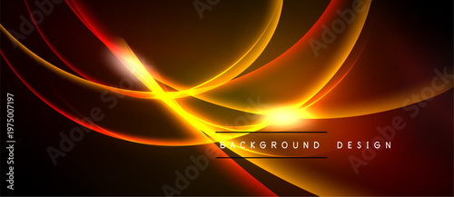 Abstract design features flowing orange lines, bright light source. Dark background enhances vibrant curves, creating dynamic visual effect.