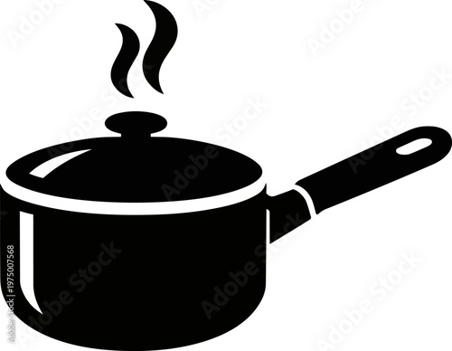 cooking pot icon with steam, isolated on white background. Minimal kitchen illustration representing cooking, food preparation, boiling and hot meal concept. 