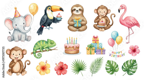 Cute tropical animals, birthday elements, balloons, gifts in soft watercolor style for kids party design and nursery decor. Collection of Vector illustrations for invitation, card, poster, banner