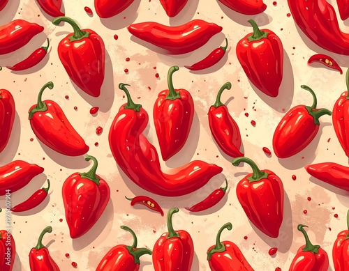 A vibrant, close-up pattern of bright red peppers with green stems scattered against a speckled, off-white background
