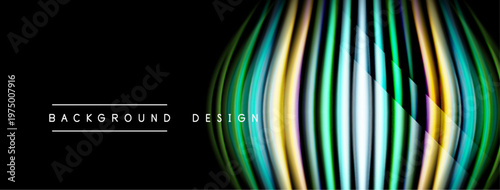 Abstract design features vibrant lines, gradients. Dark background emphasizes colorful, flowing shapes. Modern aesthetic, dynamic composition.