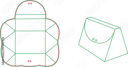 Purse Shaped Gift Box Die Cut Template with Folding Lines and 3D Mockup Vector Illustration