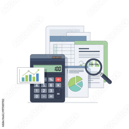 A calculator and various financial documents with graphs and charts for business analysis and planning