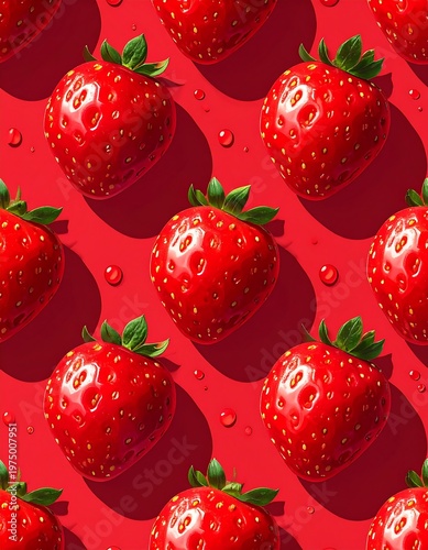 A vibrant, close-up pattern showcases numerous, perfectly ripe, red strawberries with green tops, against a matching red backdrop