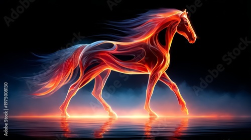 Horse with a long mane and tail is walking through a body of water. The water is illuminated with a warm, orange glow