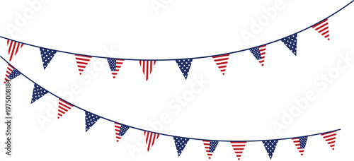 USA Flag Bunting Flags Hanging on White Background