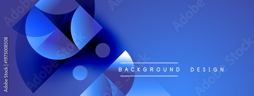 Abstract blue shapes create dynamic composition. Gradient background adds depth, modern feel. Minimalist text complements design elements.