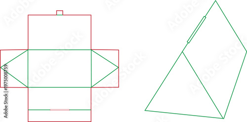 Laser cut template for triangular gift box packaging dieline with foldable flap closure and assembly guide lines