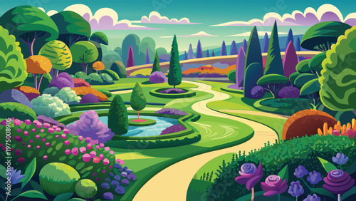 A vibrant digital art illustration of a serene garden landscape with a winding path and pond. Vector