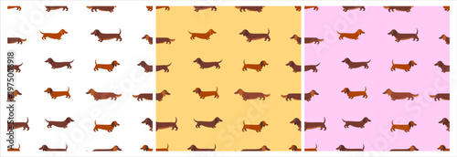 Seamless dachshund pattern with different dog types on neutral, yellow and pink backgrounds. Flat vector illustration of sausage dogs, perfect for fabric, wrapping paper or pet themed designs.