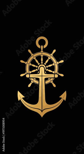 Elegant Golden Nautical Anchor And Ship Wheel Emblem