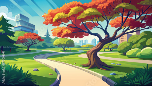 A vibrant public park scene featuring autumn trees with colorful leaves under a bright blue sky Vector