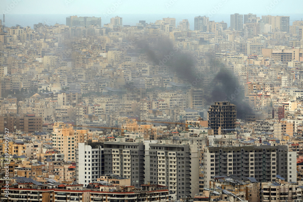 Fototapeta premium Smoke Rises from Beirut Southern Suburbs After Israeli Strike Lebanon Conflict