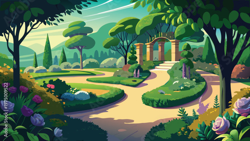 A serene and vibrant cartoon park landscape with stone paths and a classic arched entrance gate Vector