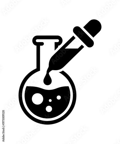 Vector of a dropper adding liquid to a round flask on a flat surface.
