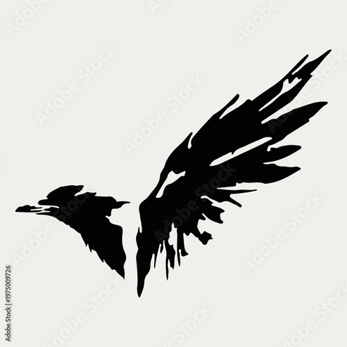Hand drawn ink black raven silhouette with spread wings. Vector illustration isolated on white background