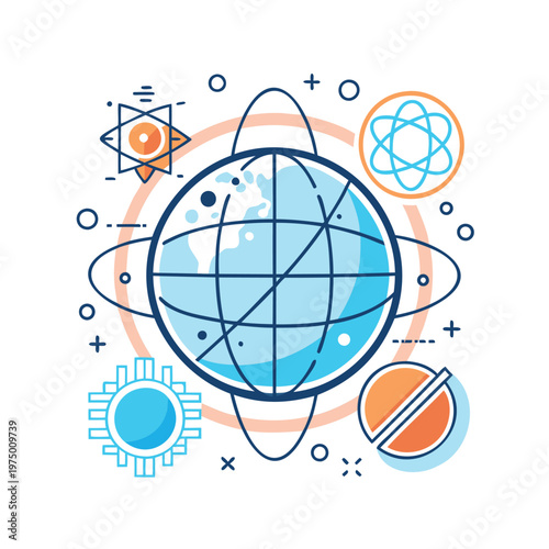 Illustrative depiction of atomic structure and related scientific symbols