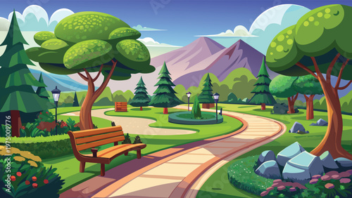 A serene park landscape with a wooden bench along a winding pathway under a bright summer sky Vector