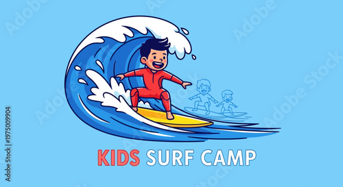 Energetic Children Ride Waves At Surf Camp Adventure