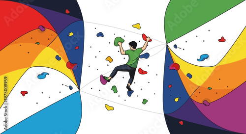 Energetic Climber Ascending Colorful Climbing Wall With Vibrant Background