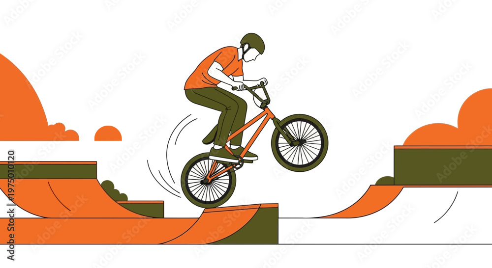 Fototapeta premium Energetic Cyclist Performing Bicycle Stunt On Orange Ramps