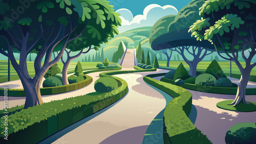 A serene anime style landscape featuring a winding garden path leading up to a distant structure Vector