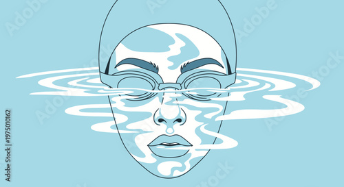 Emerging Swimmer Face Underwater With Ripples On Clean Blue Background