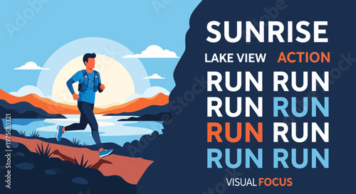 Energetic Runner Trails At Sunrise With Lake And Mountains Scenic