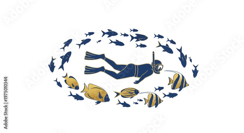 Enchanting Aquatic Journey A Diver Explores A Vibrant School Of Fish